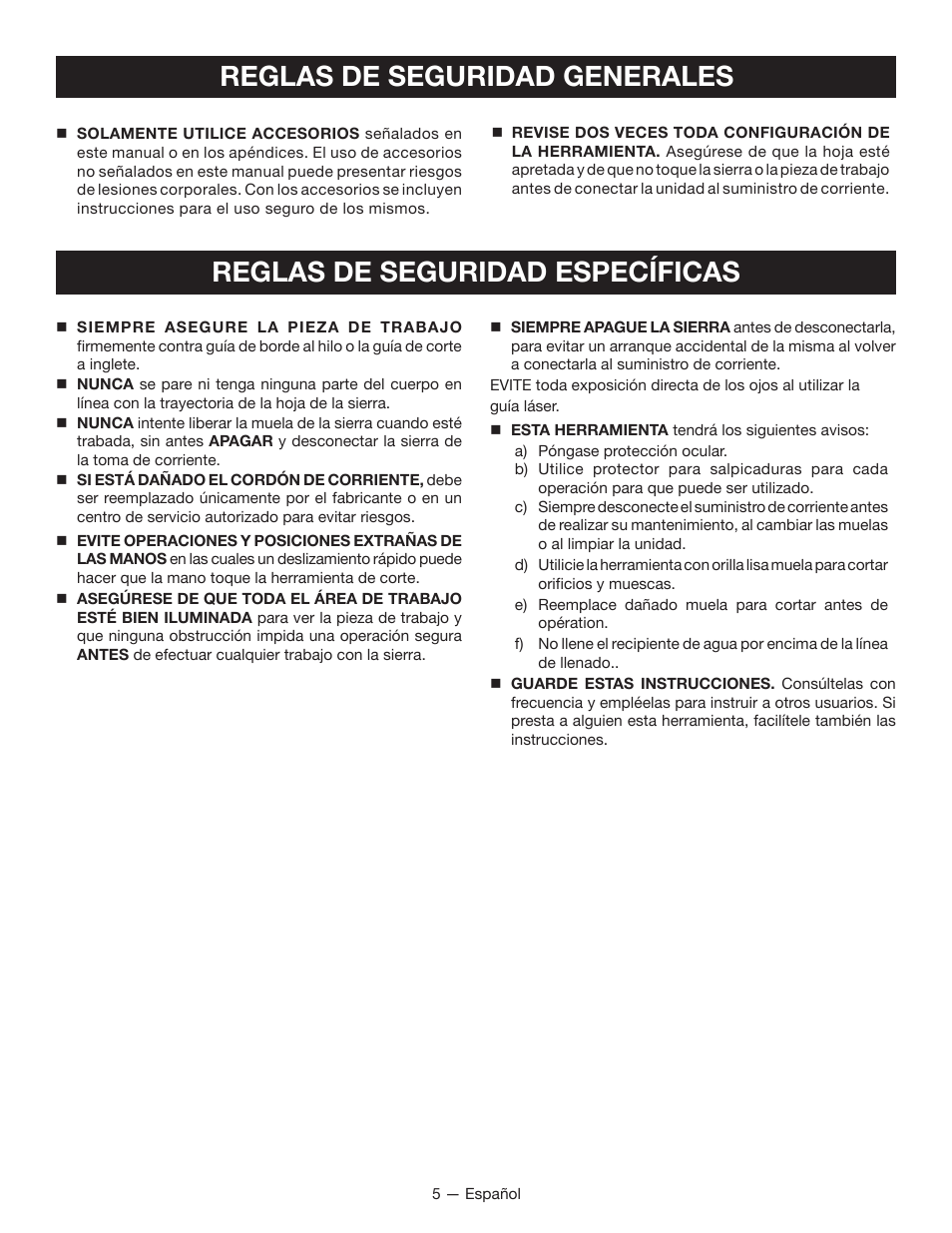 Reglas de seguridad específicas, Reglas de seguridad generales | Ryobi WS750L User Manual | Page 37 / 60
