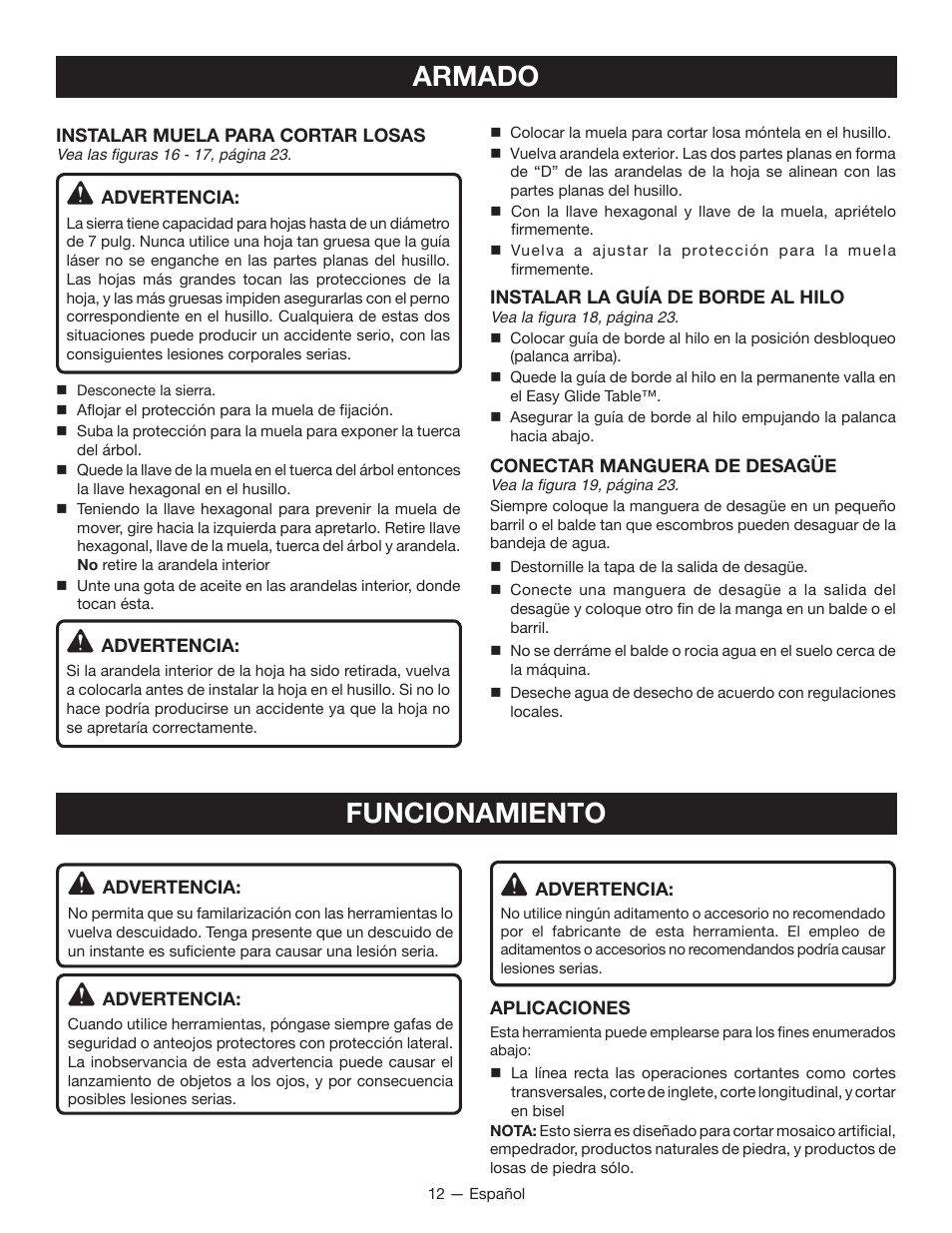 Funcionamiento armado | Ryobi WS750L User Manual | Page 44 / 60