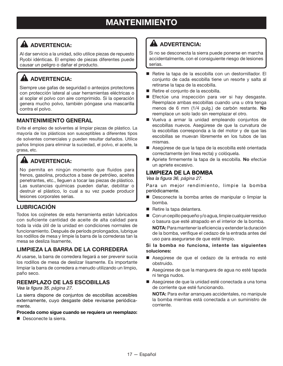 Mantenimiento | Ryobi WS750L User Manual | Page 49 / 60