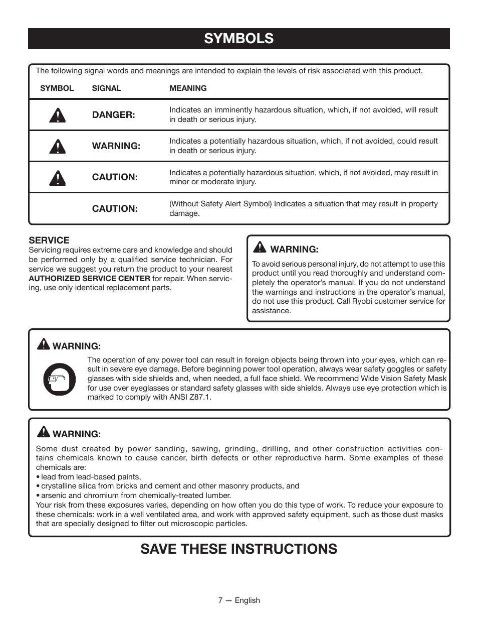 Symbols, Save these instructions | Ryobi WS750L User Manual | Page 7 / 60