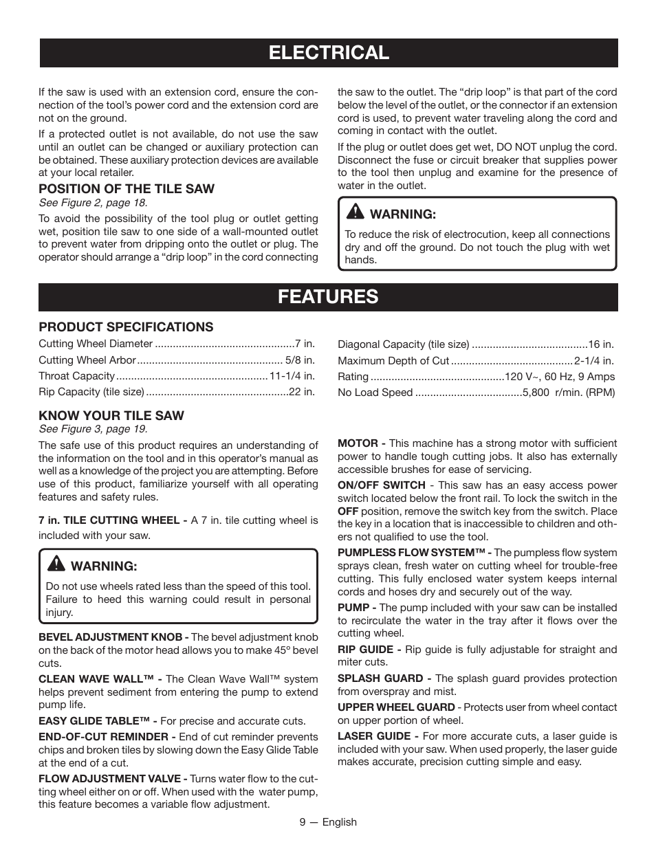 Electrical, Features | Ryobi WS750L User Manual | Page 9 / 60