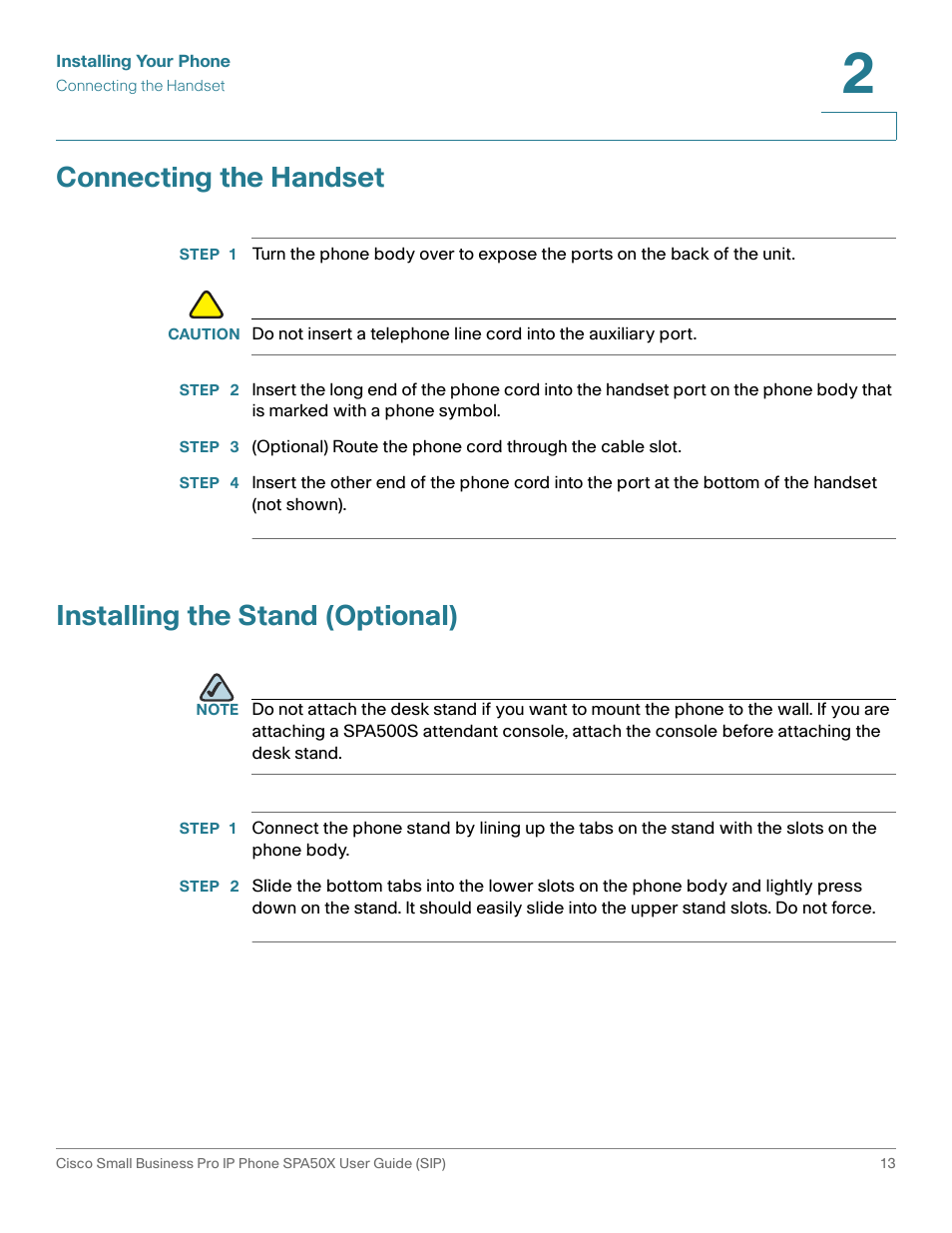 Connecting the handset, Installing the stand (optional) | Cisco 509G User Manual | Page 20 / 94