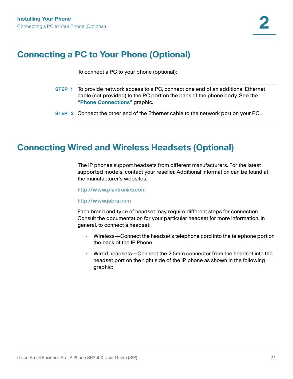 Connecting a pc to your phone (optional), Connecting wired and wireless headsets (optional) | Cisco 509G User Manual | Page 28 / 94