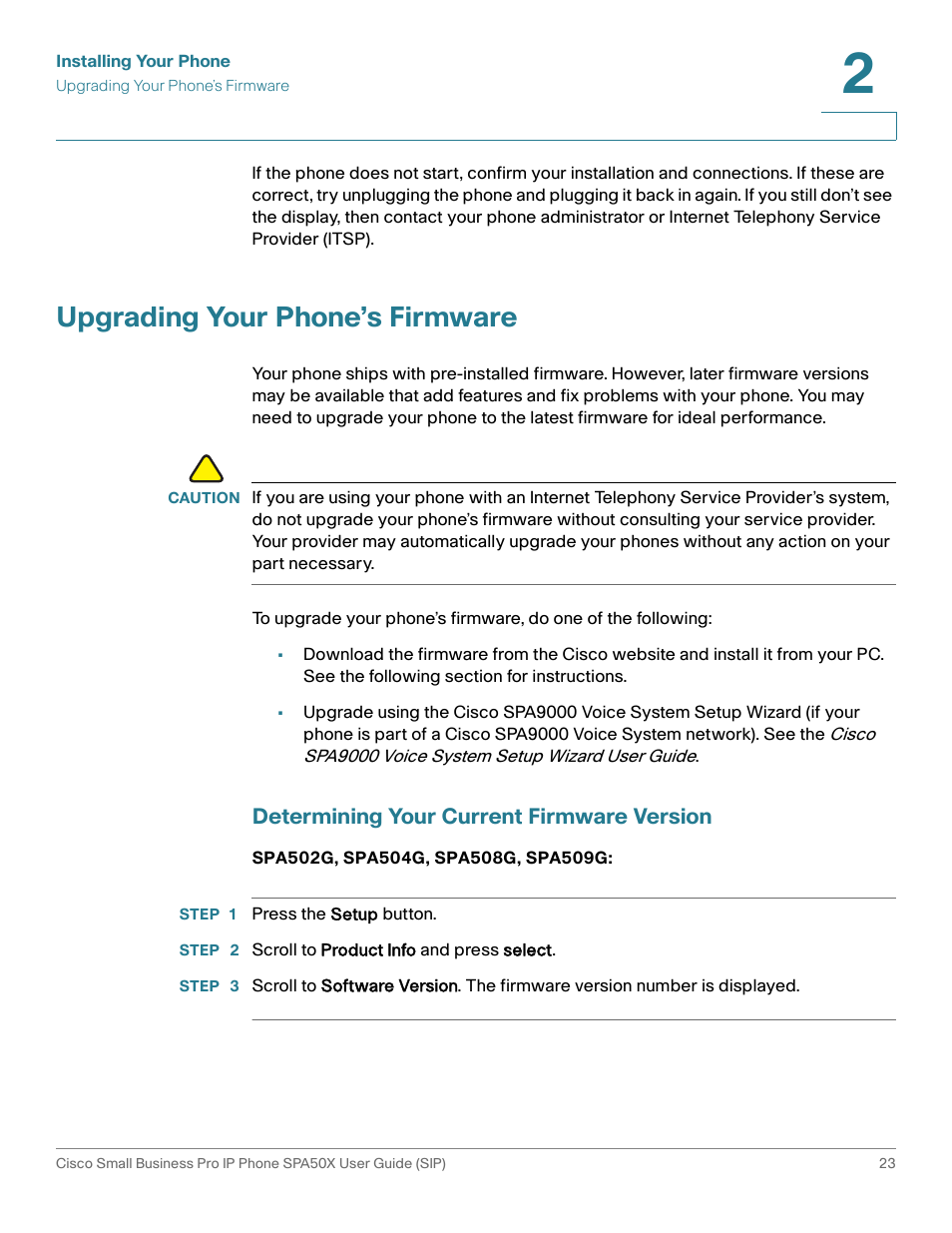 Upgrading your phone’s firmware, Determining your current firmware version | Cisco 509G User Manual | Page 30 / 94