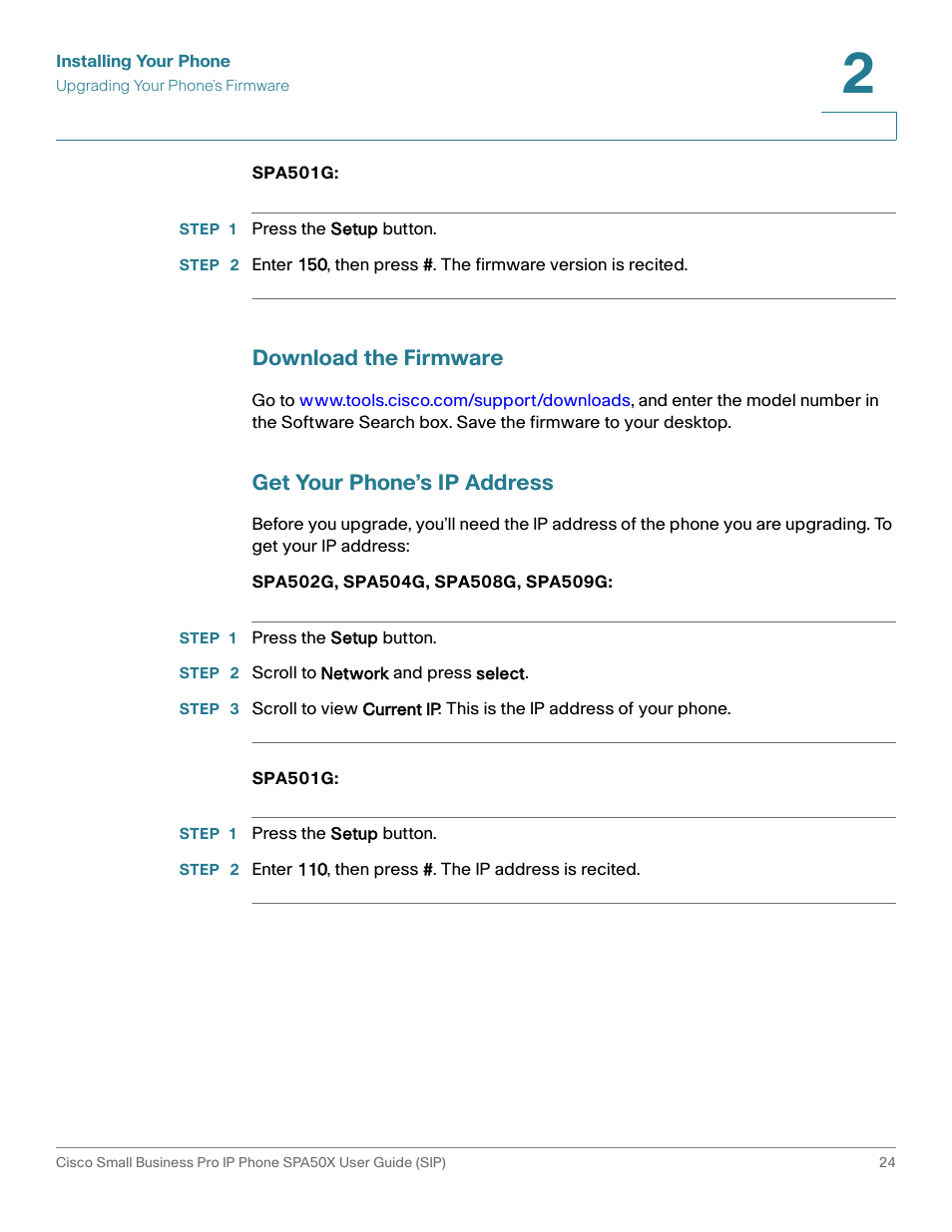 Download the firmware, Get your phone’s ip address | Cisco 509G User Manual | Page 31 / 94