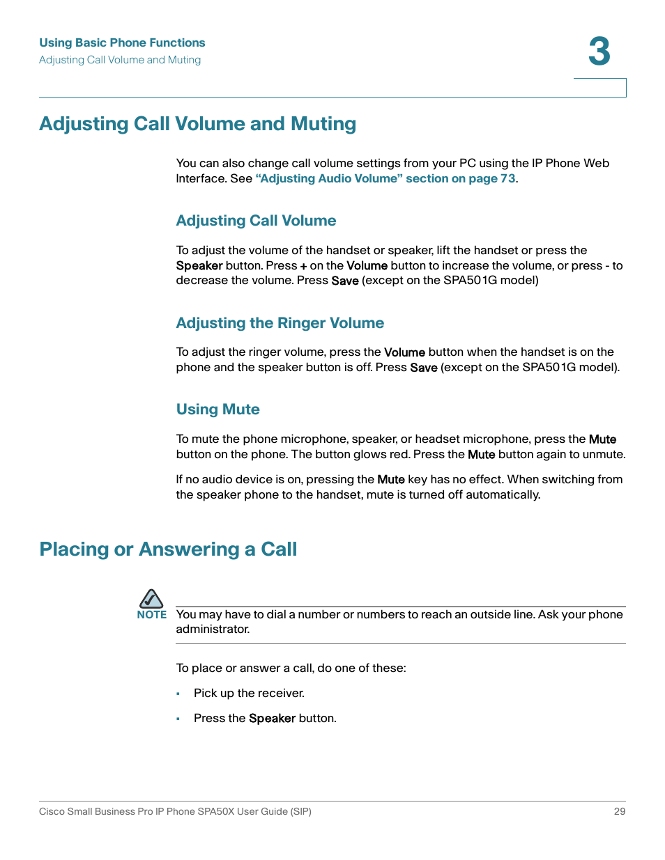 Adjusting call volume and muting, Adjusting call volume, Adjusting the ringer volume | Using mute, Placing or answering a call | Cisco 509G User Manual | Page 36 / 94