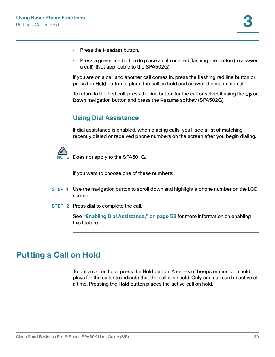 Using dial assistance, Putting a call on hold | Cisco 509G User Manual | Page 37 / 94