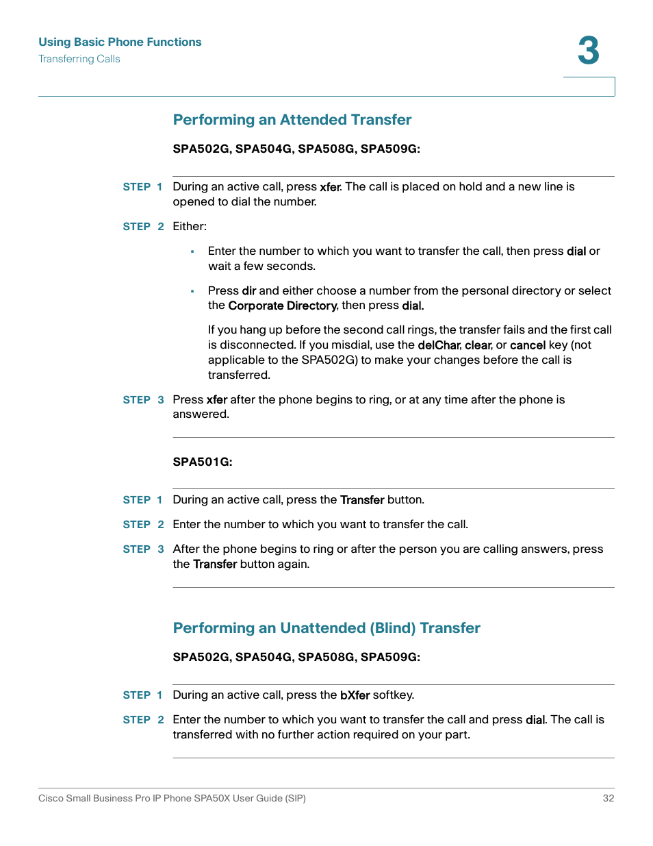 Performing an attended transfer, Performing an unattended (blind) transfer | Cisco 509G User Manual | Page 39 / 94
