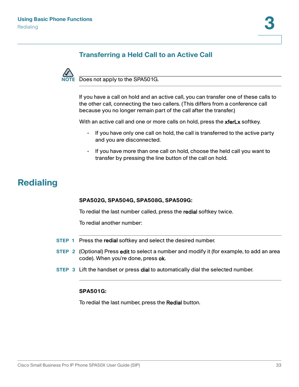 Transferring a held call to an active call, Redialing | Cisco 509G User Manual | Page 40 / 94