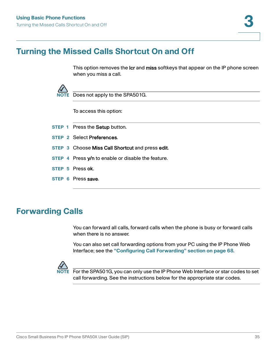 Turning the missed calls shortcut on and off, Forwarding calls | Cisco 509G User Manual | Page 42 / 94