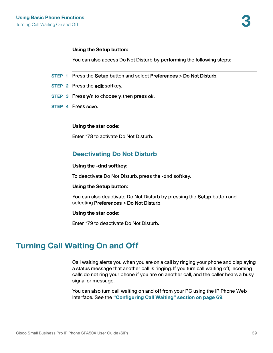 Deactivating do not disturb, Turning call waiting on and off | Cisco 509G User Manual | Page 46 / 94