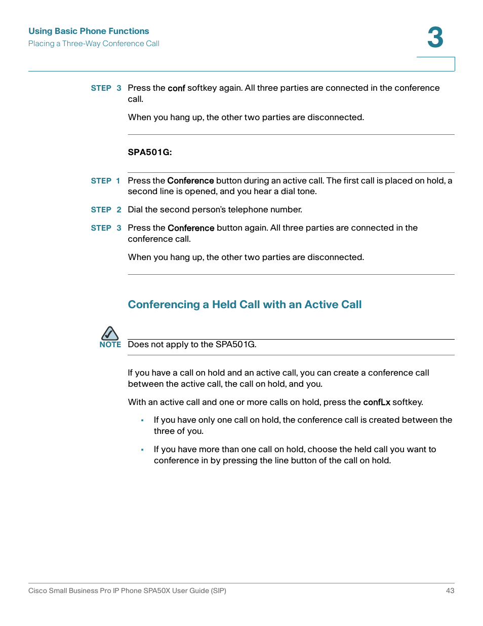 Conferencing a held call with an active call | Cisco 509G User Manual | Page 50 / 94