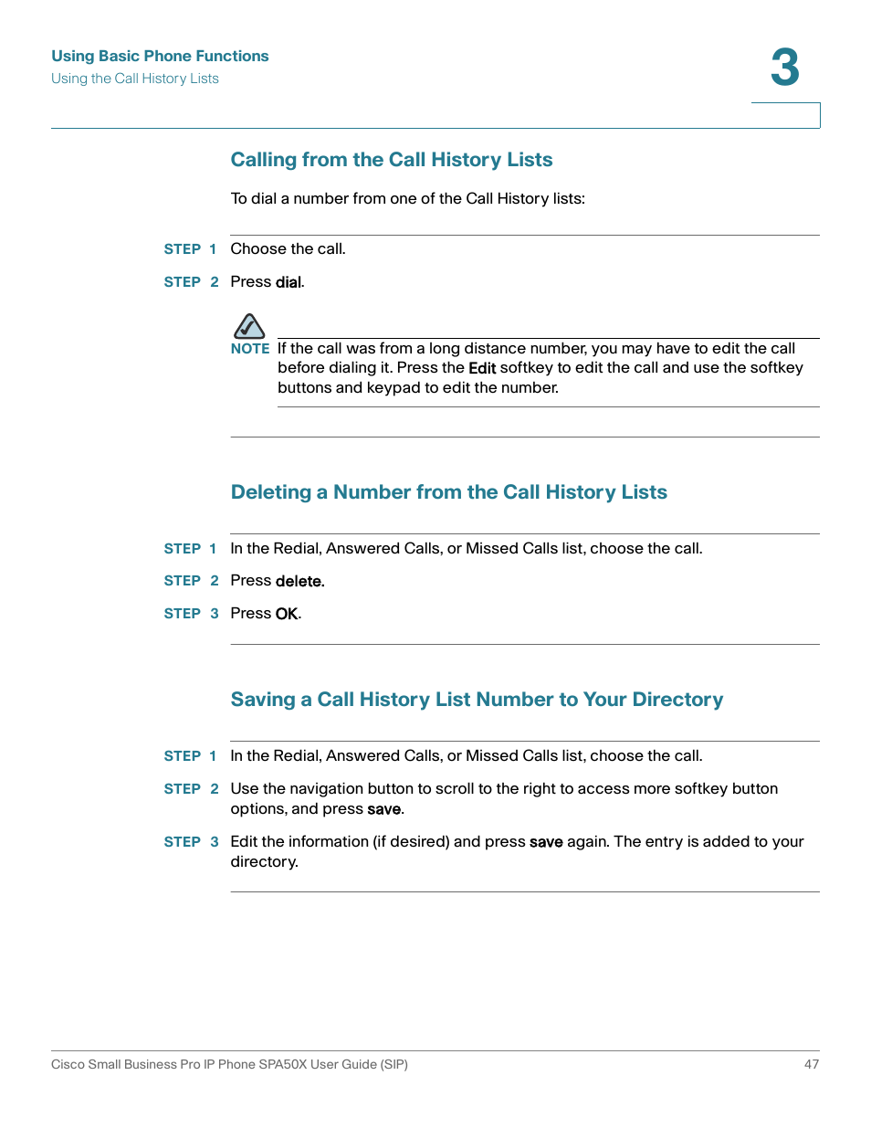 Calling from the call history lists, Deleting a number from the call history lists | Cisco 509G User Manual | Page 54 / 94