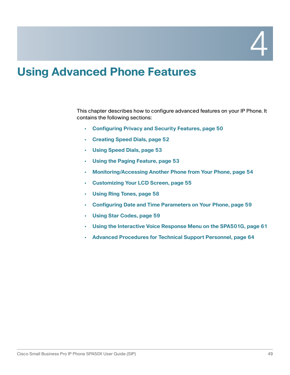 Using advanced phone features, Chapter 4: using advanced phone features | Cisco 509G User Manual | Page 56 / 94