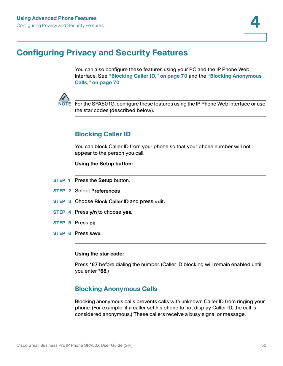 Configuring privacy and security features, Blocking caller id, Blocking anonymous calls | Cisco 509G User Manual | Page 57 / 94