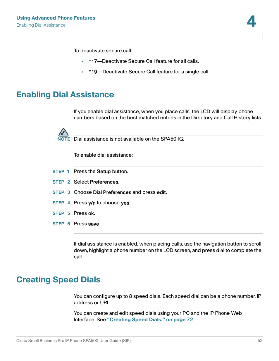 Enabling dial assistance, Creating speed dials | Cisco 509G User Manual | Page 59 / 94