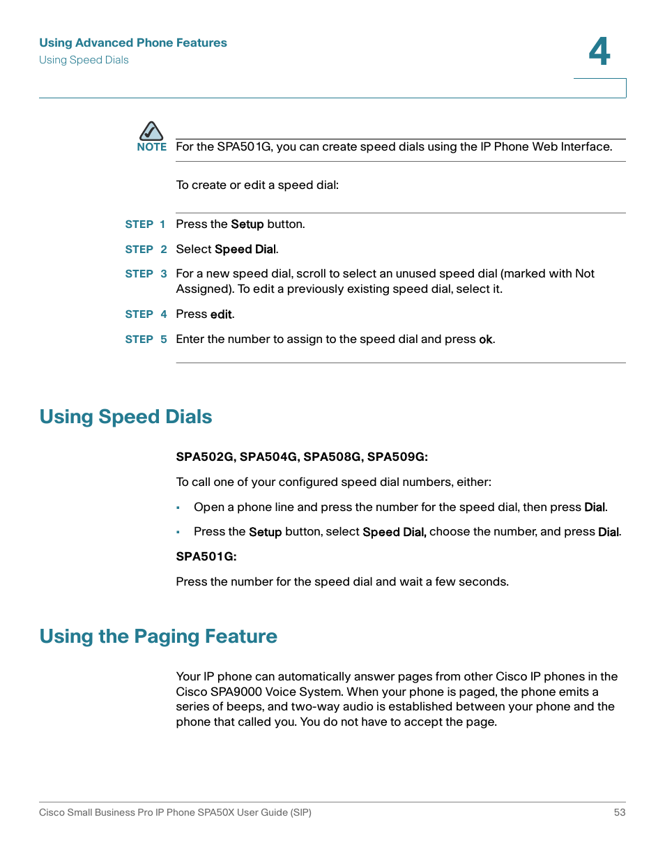 Using speed dials, Using the paging feature | Cisco 509G User Manual | Page 60 / 94