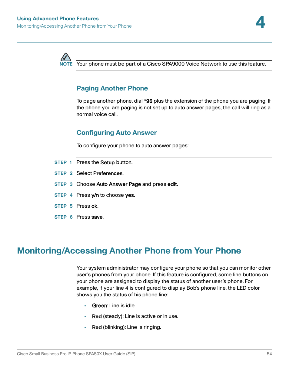 Paging another phone, Configuring auto answer, Monitoring/accessing another phone from your phone | Cisco 509G User Manual | Page 61 / 94