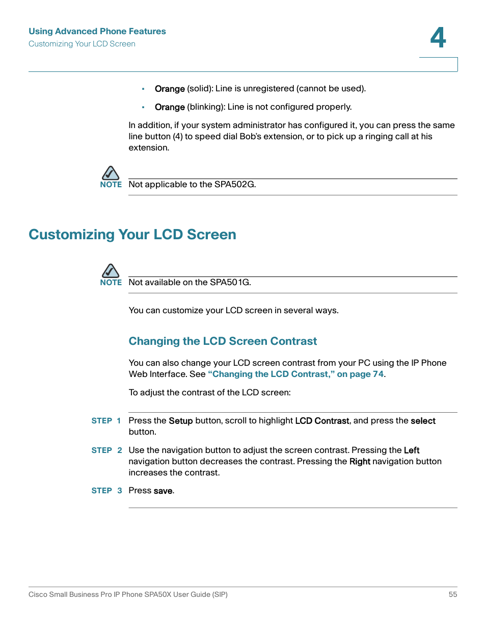 Customizing your lcd screen, Changing the lcd screen contrast | Cisco 509G User Manual | Page 62 / 94