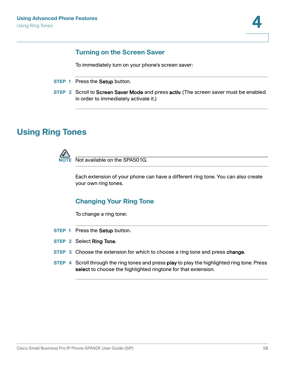 Turning on the screen saver, Using ring tones, Changing your ring tone | Cisco 509G User Manual | Page 65 / 94
