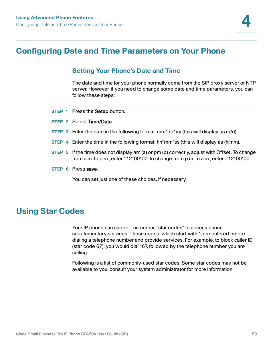 Configuring date and time parameters on your phone, Setting your phone’s date and time, Using star codes | Cisco 509G User Manual | Page 66 / 94