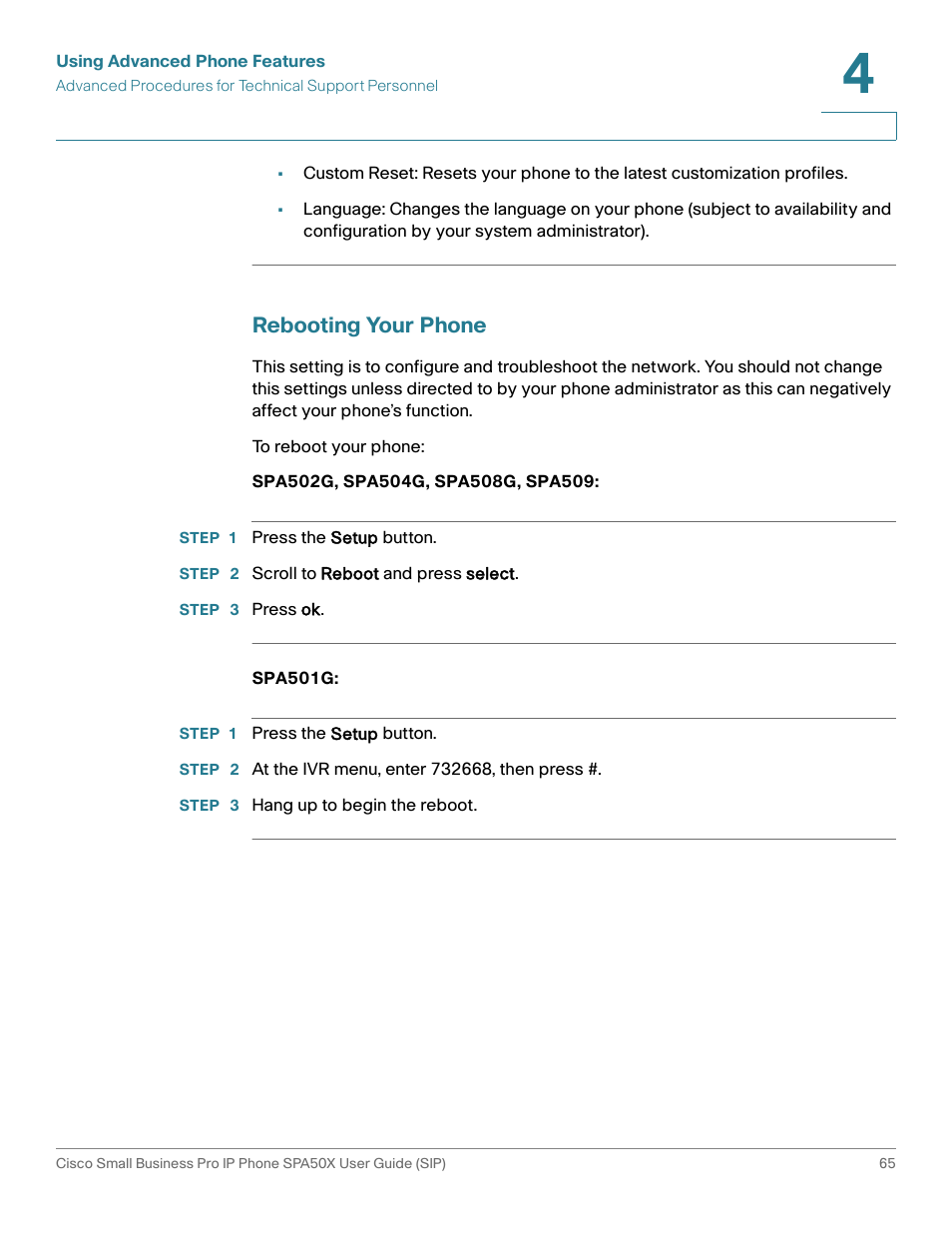Rebooting your phone | Cisco 509G User Manual | Page 72 / 94