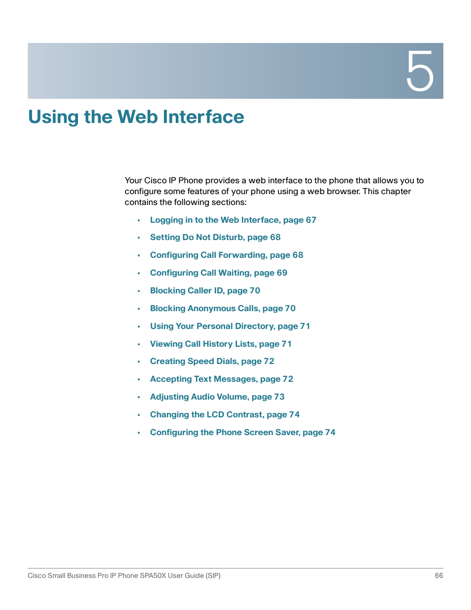 Using the web interface, Chapter 5: using the web interface | Cisco 509G User Manual | Page 73 / 94