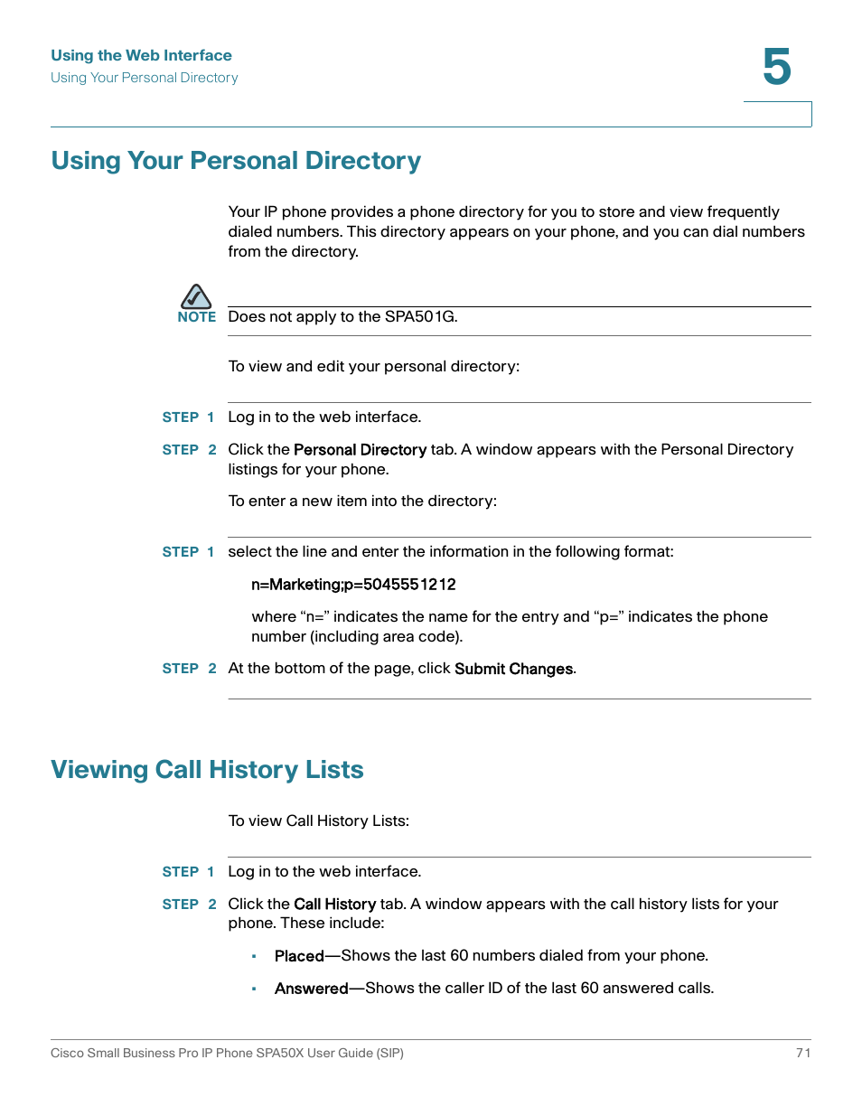 Using your personal directory, Viewing call history lists | Cisco 509G User Manual | Page 78 / 94