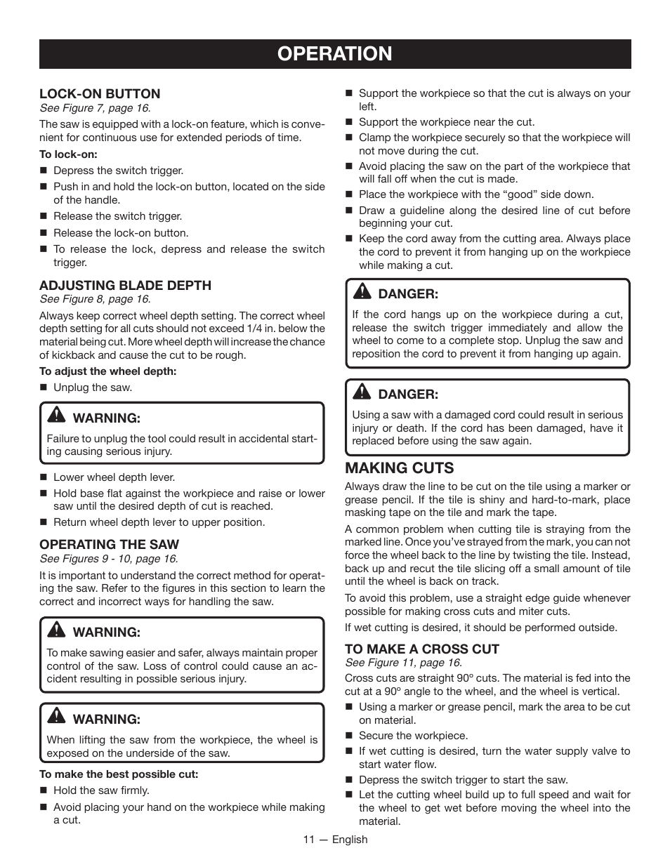 Operation, Making cuts | Ryobi TC400 User Manual | Page 11 / 44