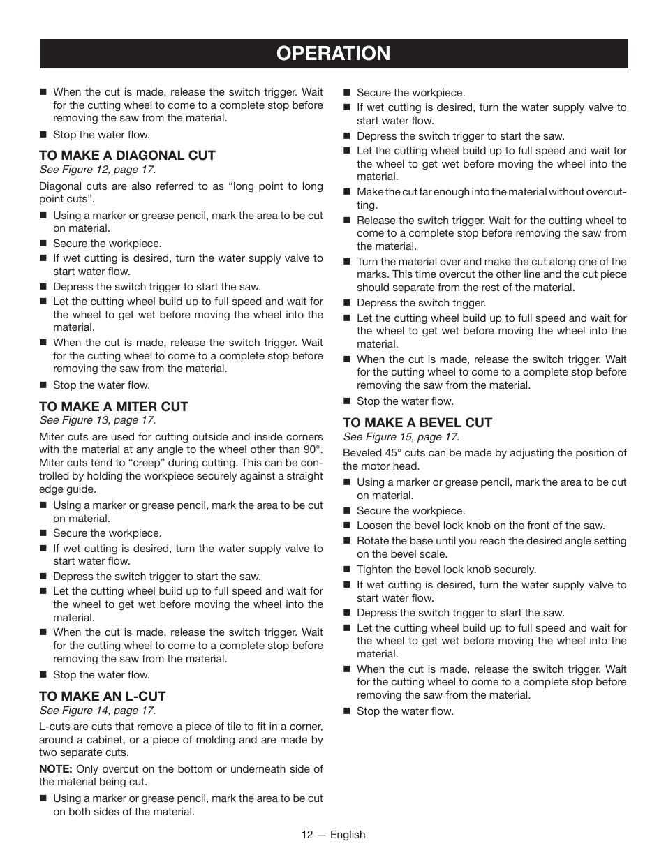 Operation | Ryobi TC400 User Manual | Page 12 / 44