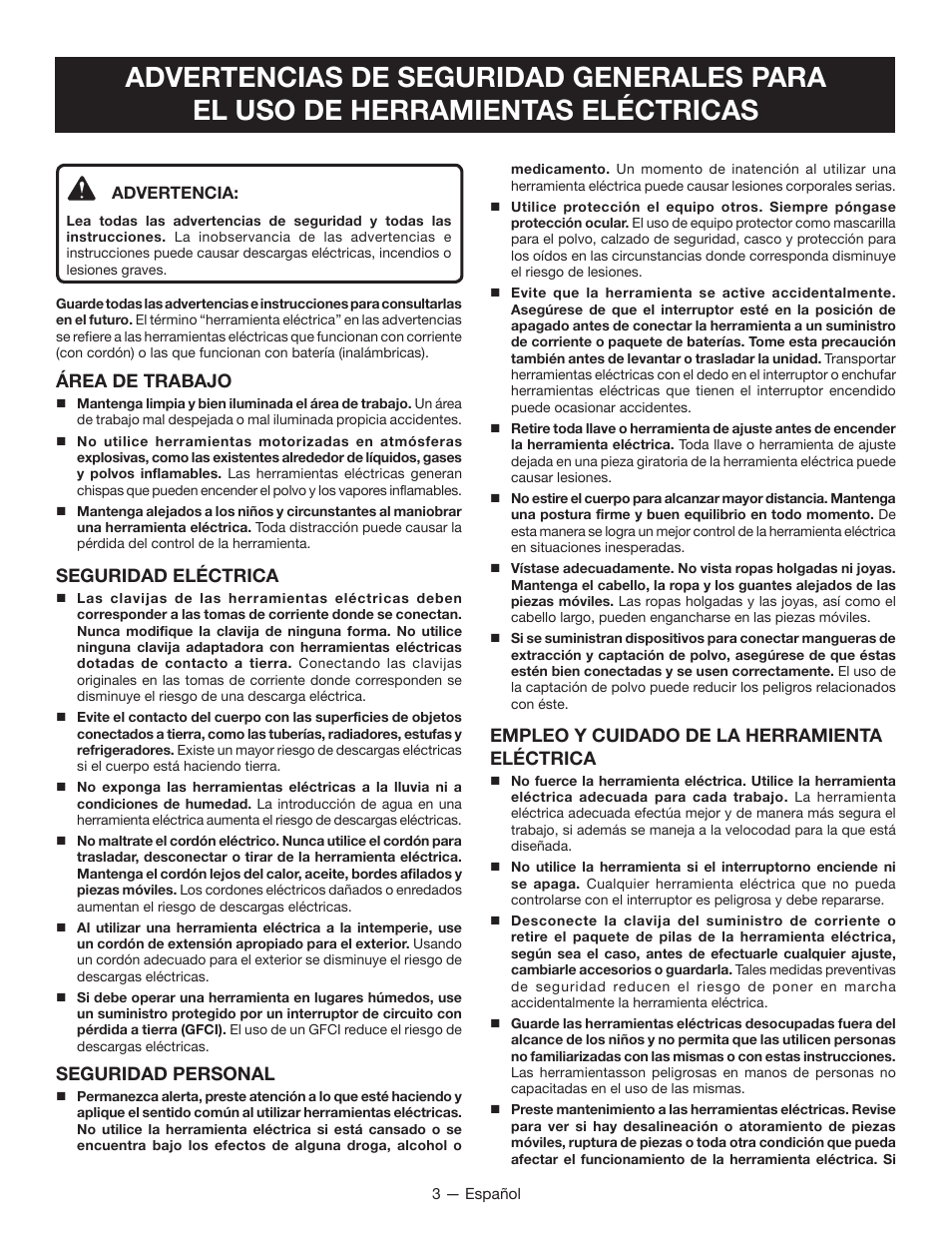Área de trabajo, Seguridad eléctrica, Seguridad personal | Empleo y cuidado de la herramienta eléctrica | Ryobi TC400 User Manual | Page 29 / 44