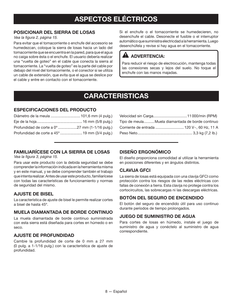 Caracteristicas, Aspectos eléctricos | Ryobi TC400 User Manual | Page 34 / 44