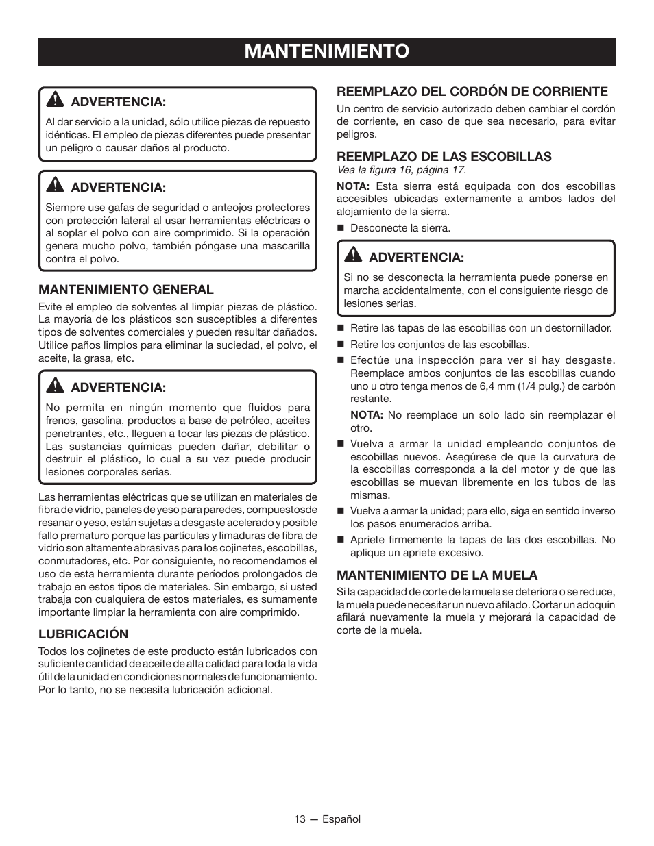Mantenimiento | Ryobi TC400 User Manual | Page 39 / 44