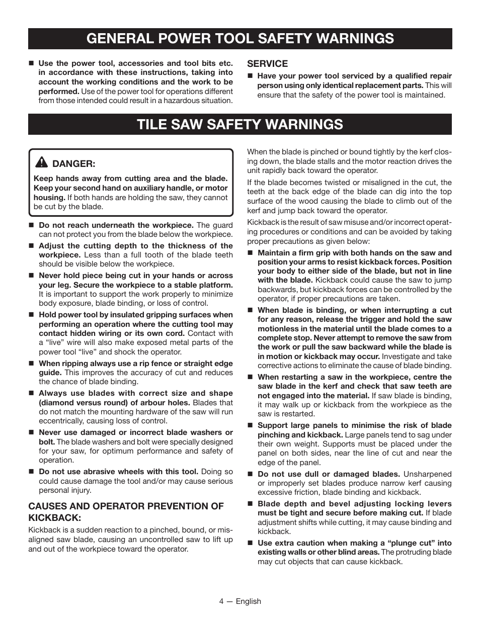 Tile saw safety warnings, General power tool safety warnings | Ryobi TC400 User Manual | Page 4 / 44