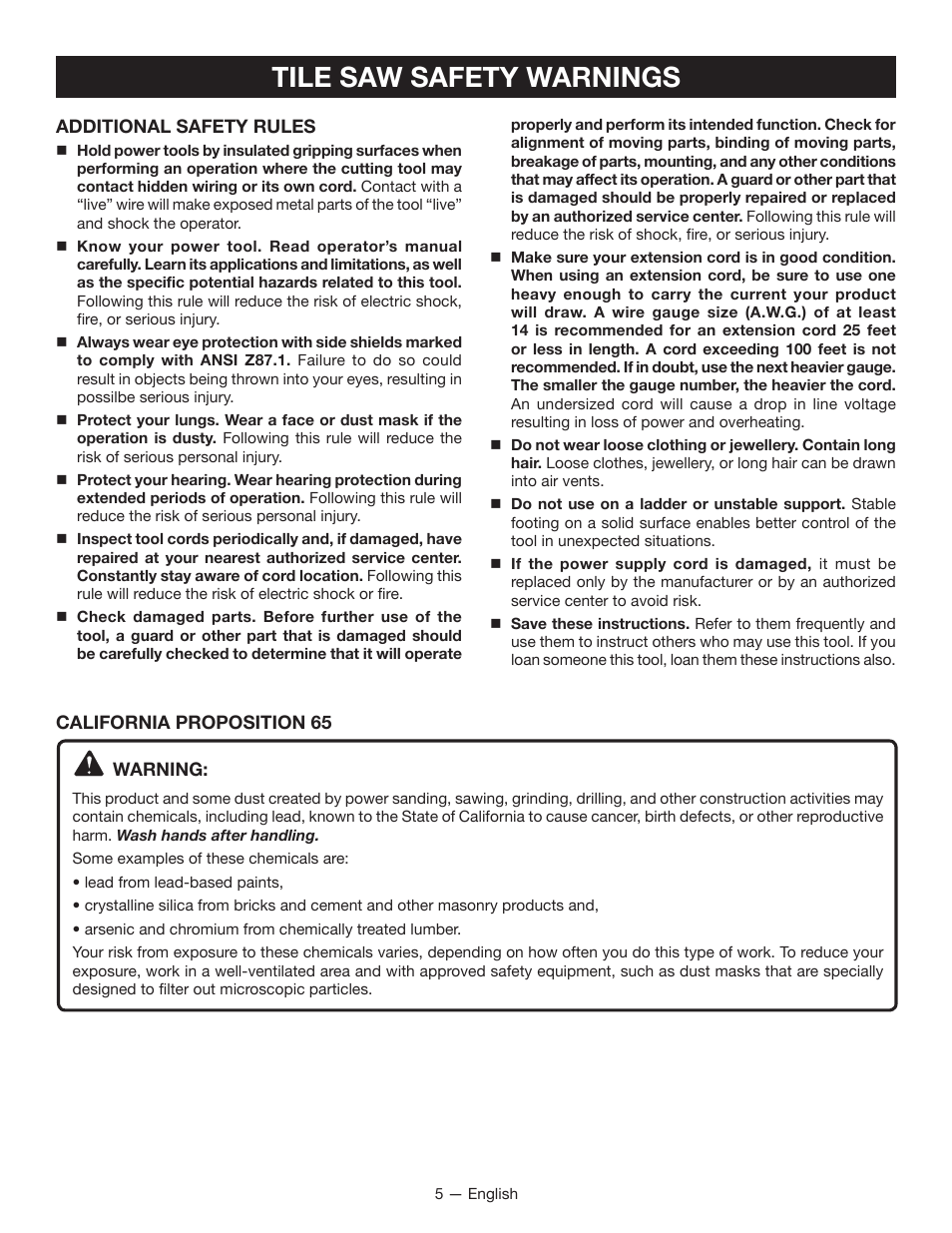 Tile saw safety warnings | Ryobi TC400 User Manual | Page 5 / 44