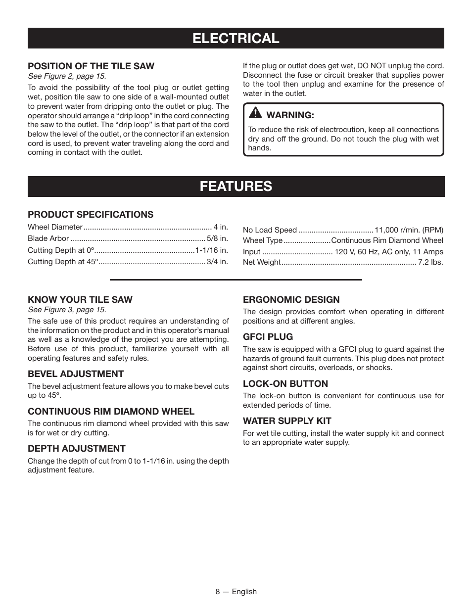 Features, Electrical | Ryobi TC400 User Manual | Page 8 / 44