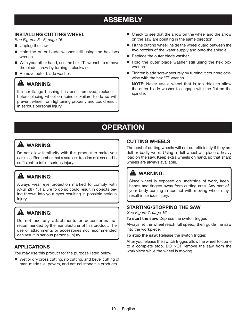 Assembly, Operation | Ryobi TC400 User Manual | Page 10 / 44