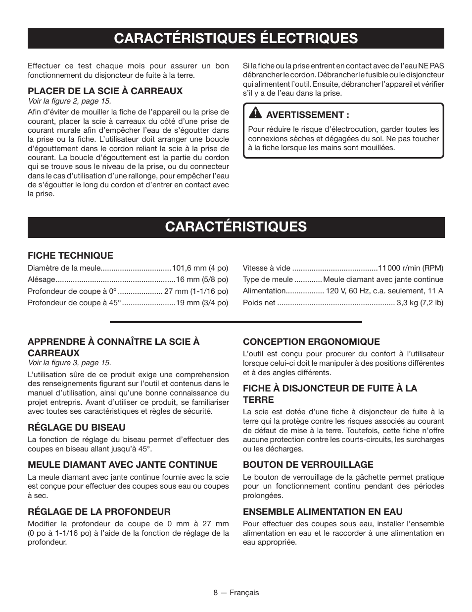 Caractéristiques, Caractéristiques électriques | Ryobi TC400 User Manual | Page 21 / 44