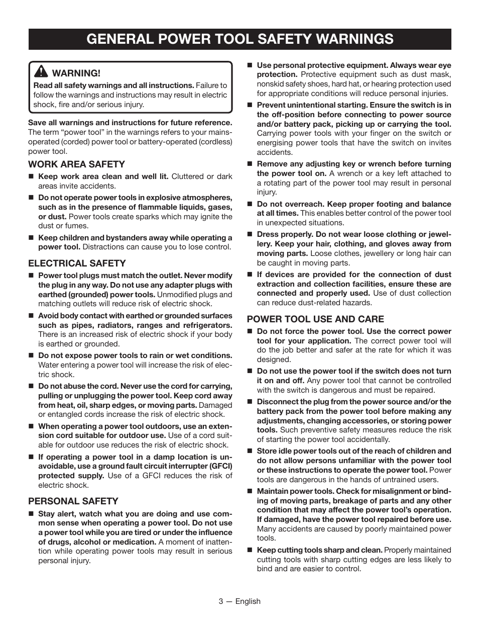 General power tool safety warnings | Ryobi TC400 User Manual | Page 3 / 44