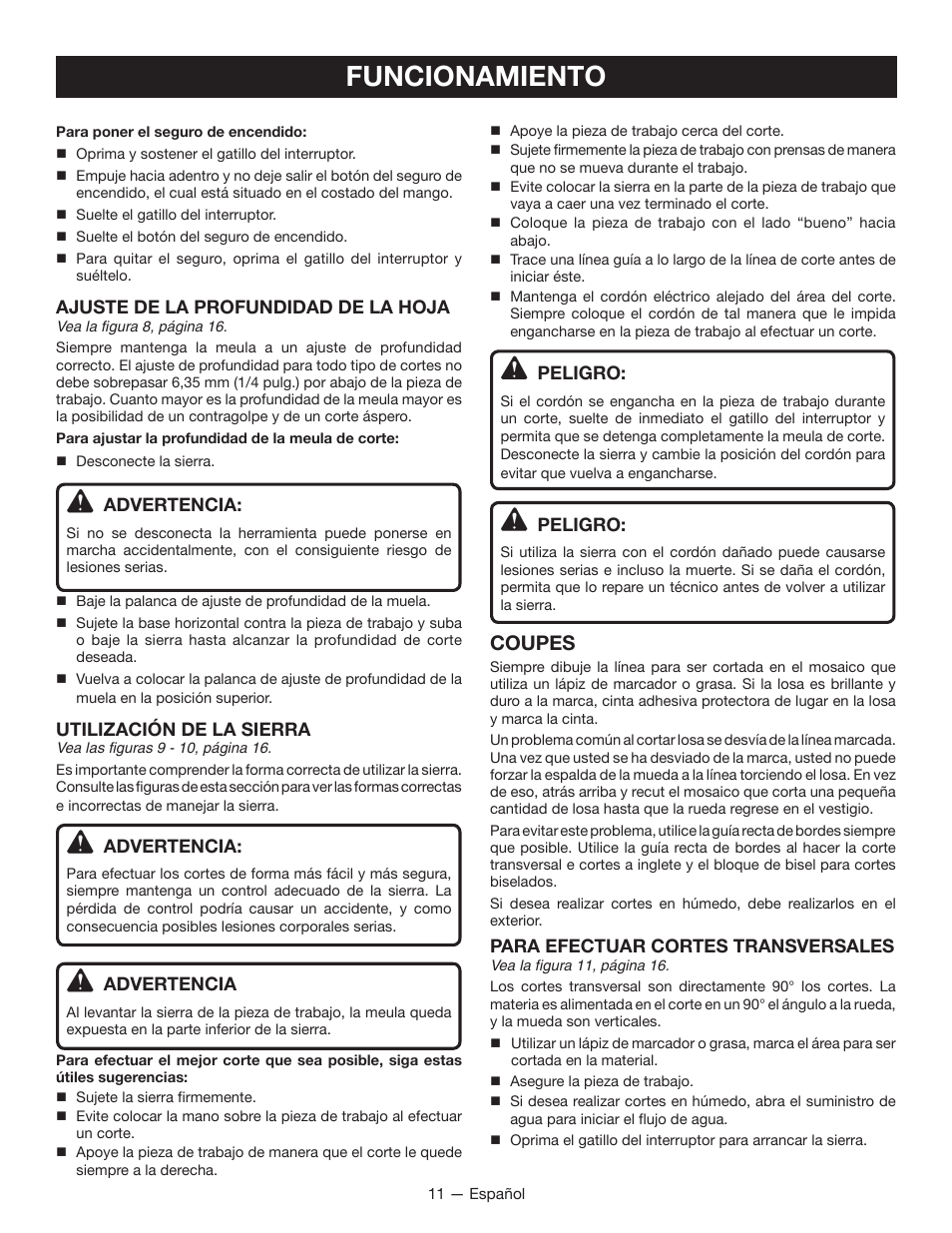 Funcionamiento, Coupes, Ajuste de la profundidad de la hoja | Advertencia, Utilización de la sierra, Peligro, Para efectuar cortes transversales | Ryobi TC400 User Manual | Page 37 / 44