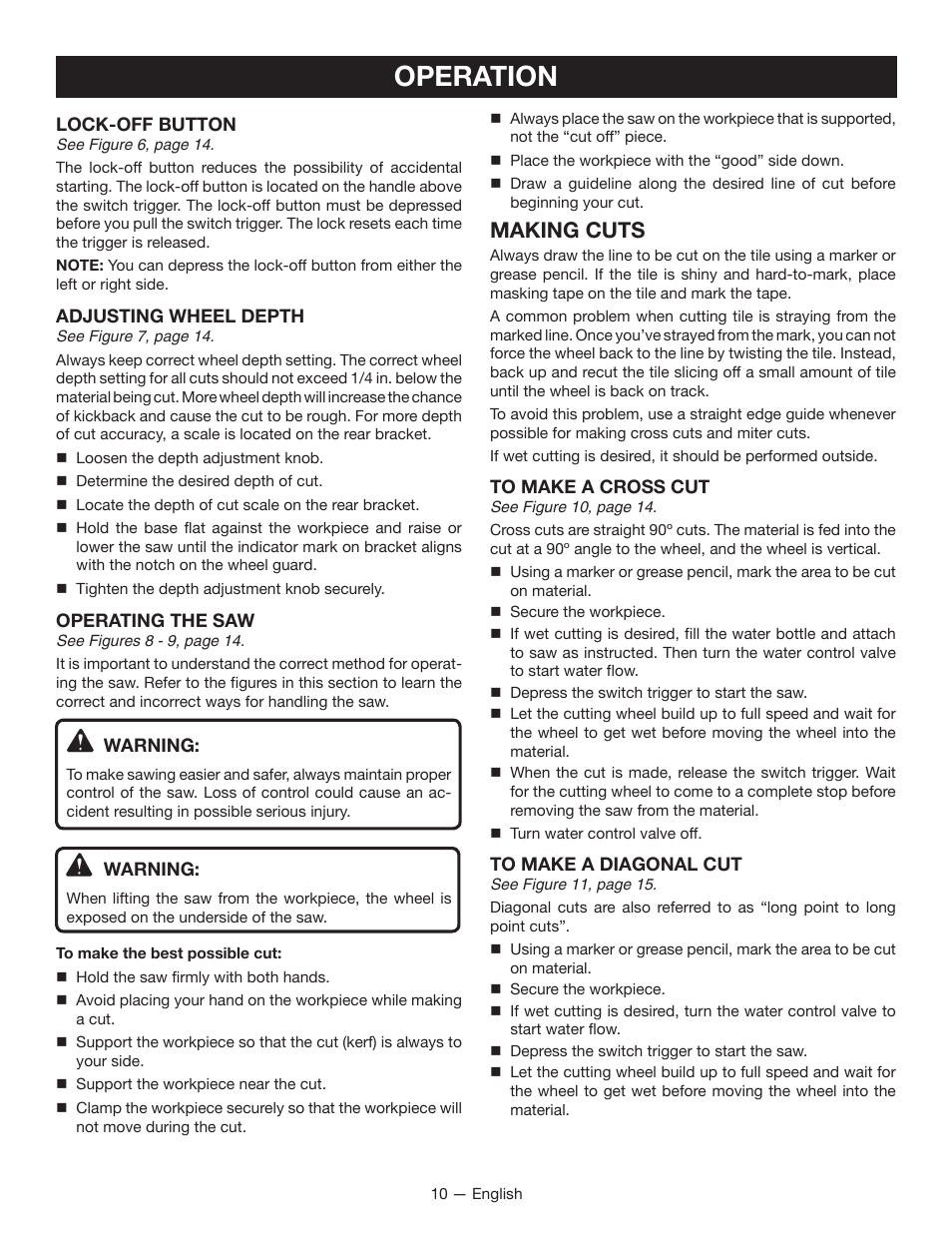 Operation, Making cuts | Ryobi P580 User Manual | Page 10 / 40