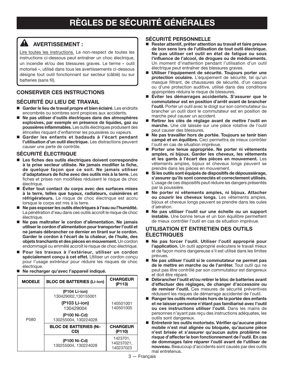 Règles de sécurité générales, Avertissement | Ryobi P580 User Manual | Page 14 / 40