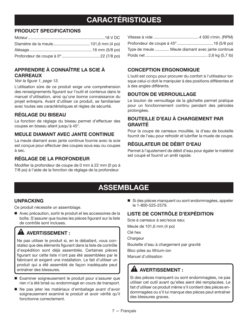 Caractéristiques, Assemblage | Ryobi P580 User Manual | Page 18 / 40