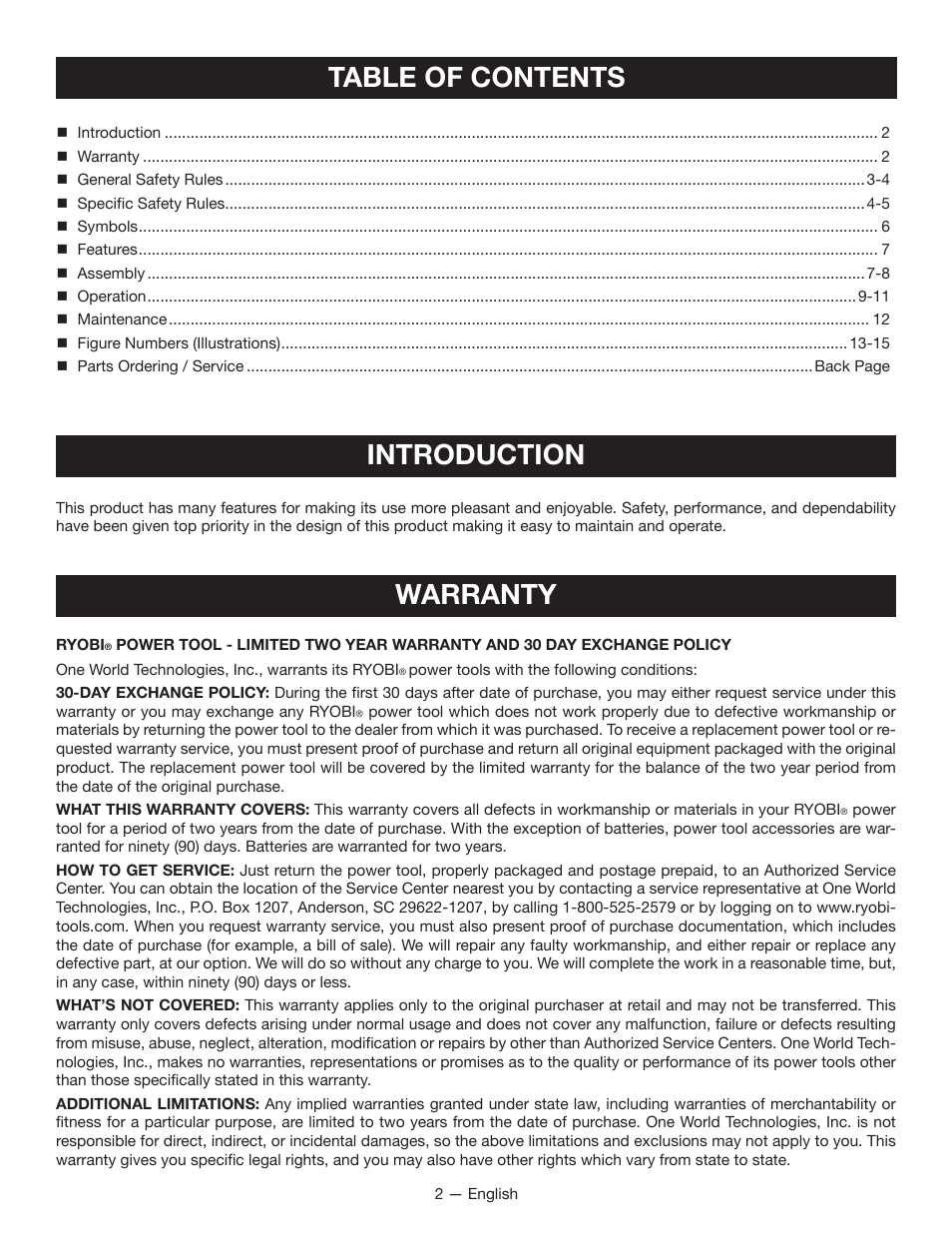 Table of contents introduction, Warranty | Ryobi P580 User Manual | Page 2 / 40