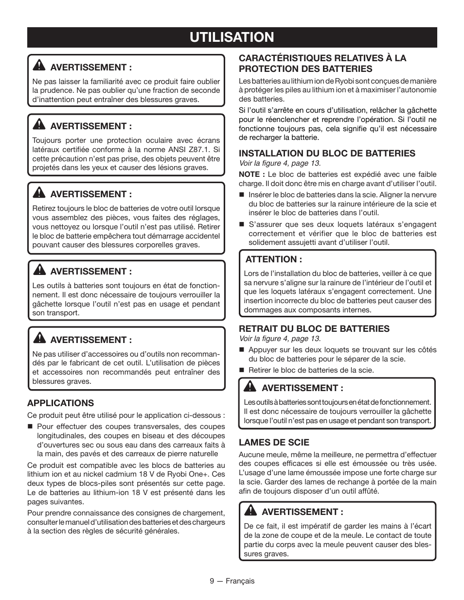 Utilisation | Ryobi P580 User Manual | Page 20 / 40