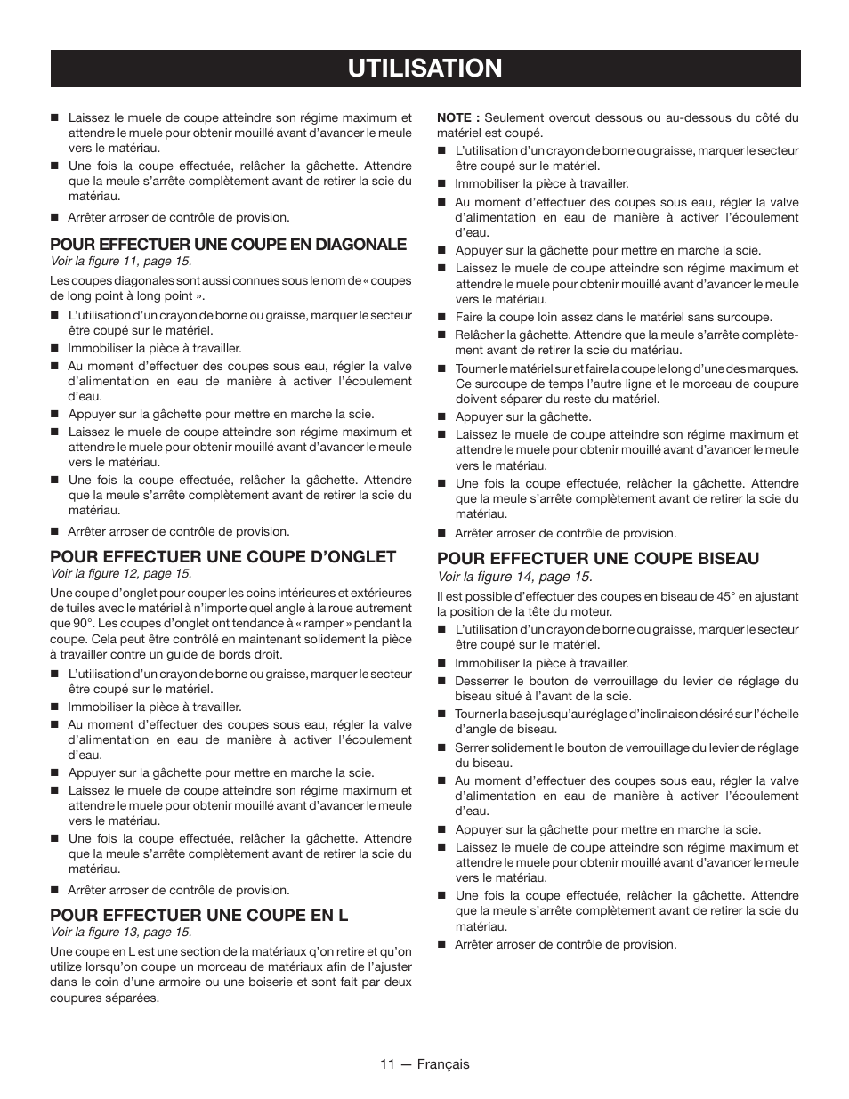 Utilisation, Pour effectuer une coupe en diagonale, Pour effectuer une coupe d’onglet | Pour effectuer une coupe en l, Pour effectuer une coupe biseau | Ryobi P580 User Manual | Page 22 / 40