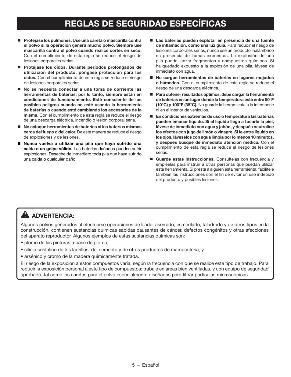 Reglas de seguridad específicas | Ryobi P580 User Manual | Page 27 / 40