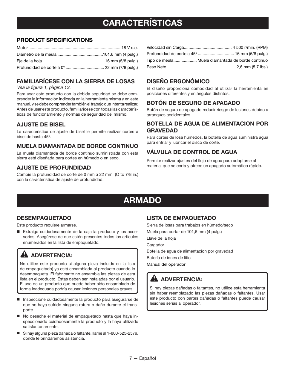 Características, Armado | Ryobi P580 User Manual | Page 29 / 40