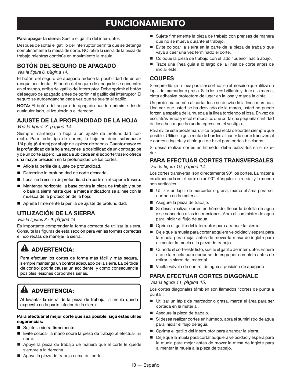 Funcionamiento, Botón del seguro de apagado, Ajuste de la profundidad de la hoja | Utilización de la sierra, Advertencia, Coupes, Para efectuar cortes transversales, Para efectuar cortes diagonale | Ryobi P580 User Manual | Page 32 / 40