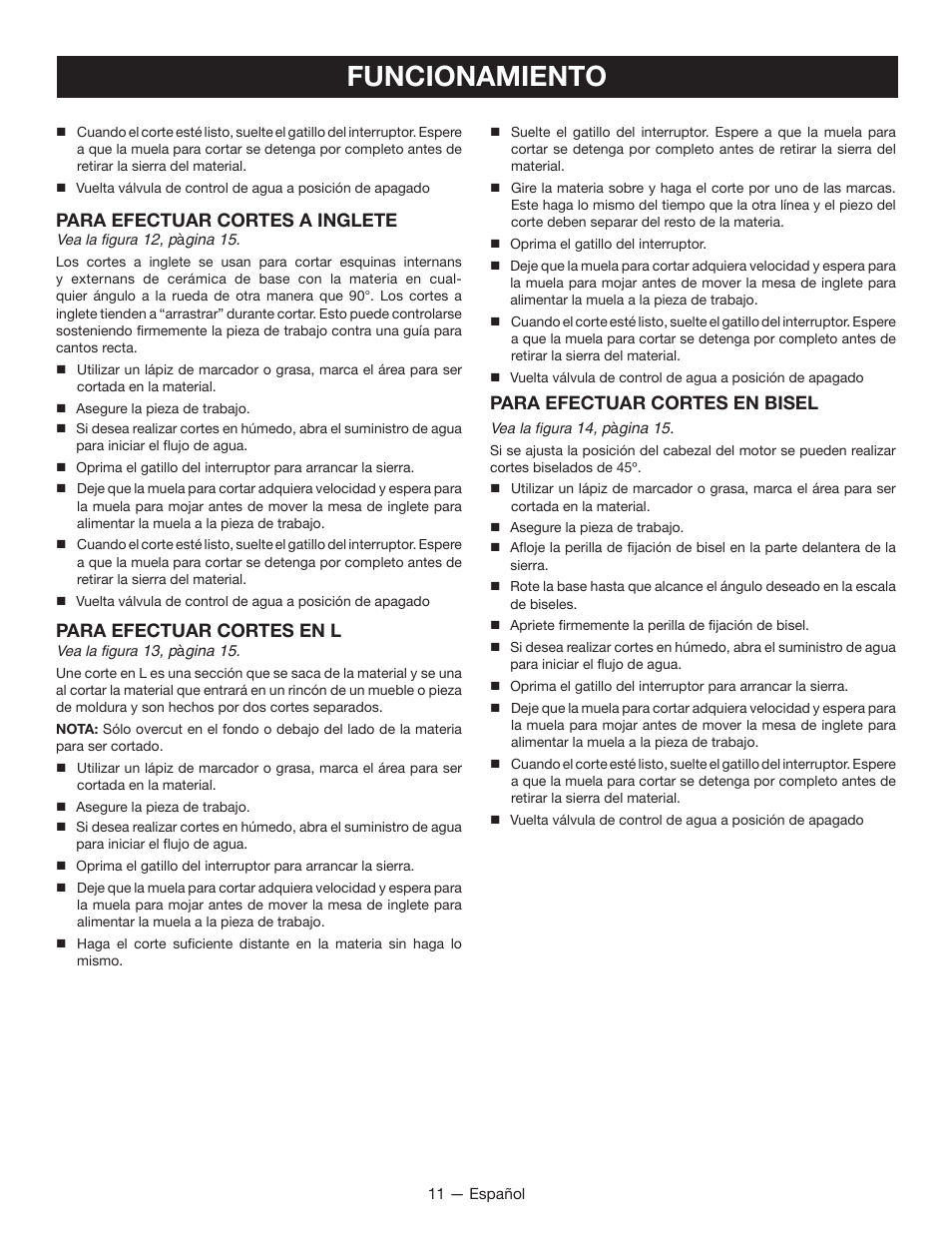 Funcionamiento, Para efectuar cortes a inglete, Para efectuar cortes en l | Para efectuar cortes en bisel | Ryobi P580 User Manual | Page 33 / 40